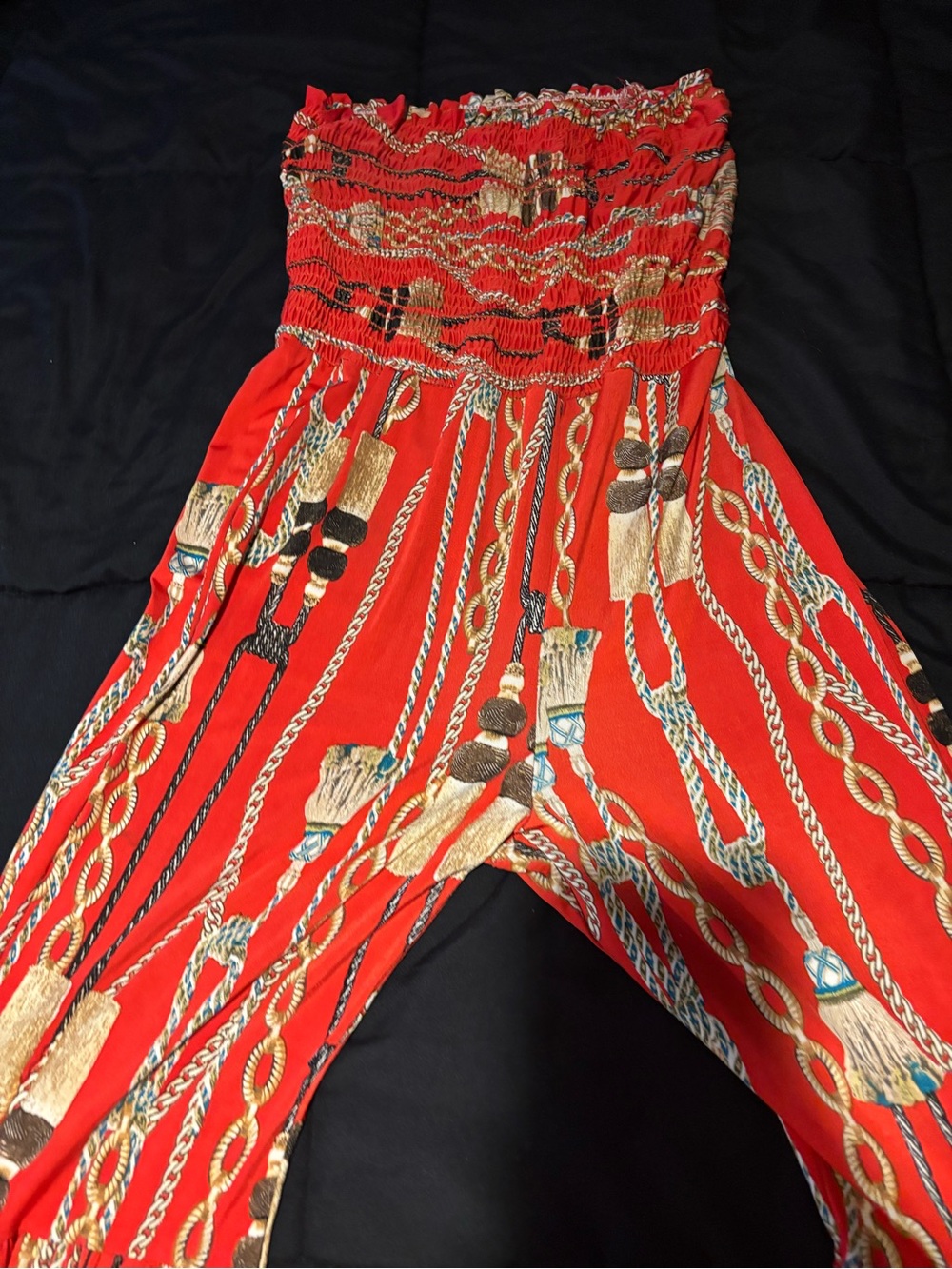Red Chain Print Smocked Wide Leg Jumpsuit | Size Small